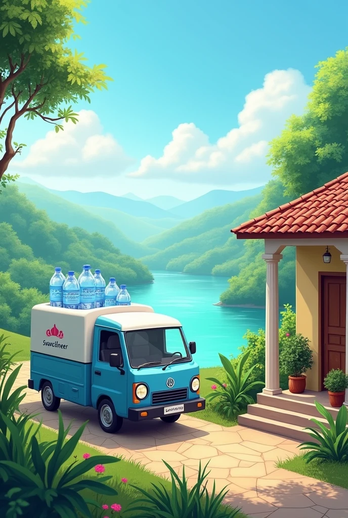 Create a full HD landscape image Pure, refreshing drinking water delivered at your doorstep with jar, bottles by delivery vehicle by mobile application– convenience in every drop with Swachneer mobile application