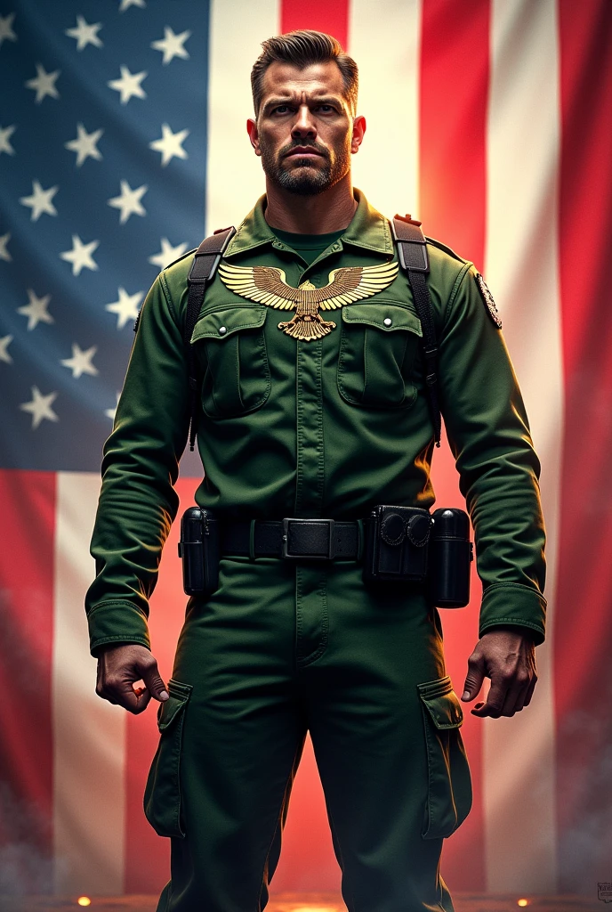 A movie post about American fanfare, with a green uniform and an Eagle symbol on the chest