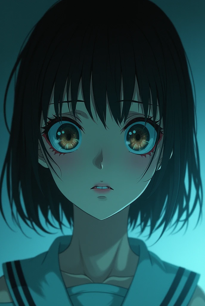 Surreal close-up of a schoolgirl, Shintaro Kago style, evoking horror anime elements, vivid colors, dreamlike atmosphere, horror manga influences, volumetric lighting, dramatic lighting, ultra clear.