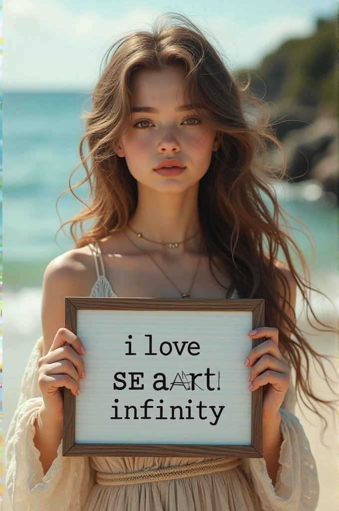 Beautiful girl with wavy long hair, bohemian dress, holding a white board with text "I Love Seaart Infinity" and showing it to the viewer