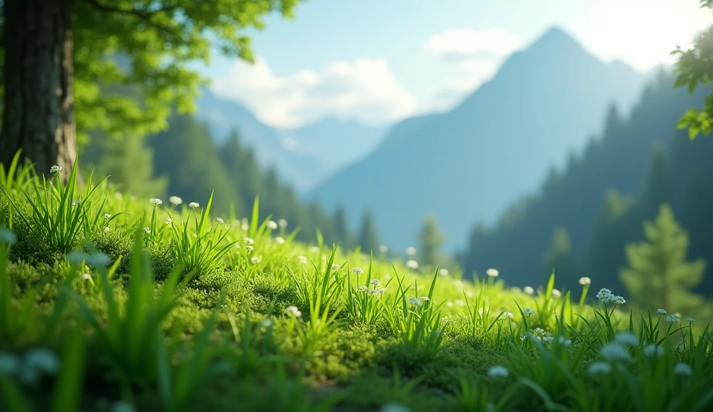 There is a kind of grass under the laurel forest on the mountain，Shaped like chives but with green flowers（best quality，4K，8k，High level，masterpiece：1.2），Ultra Detailed，（lifelike，Photo real，Photo real：1.37），Realistic lighting，虚幻引擎4K壁纸，Summer Unreal Engine 5, Beautiful landscape rendering, Mountains and Oceans, Rendered in 8k Unreal Engine,，The most beautiful scenery，Epic shock