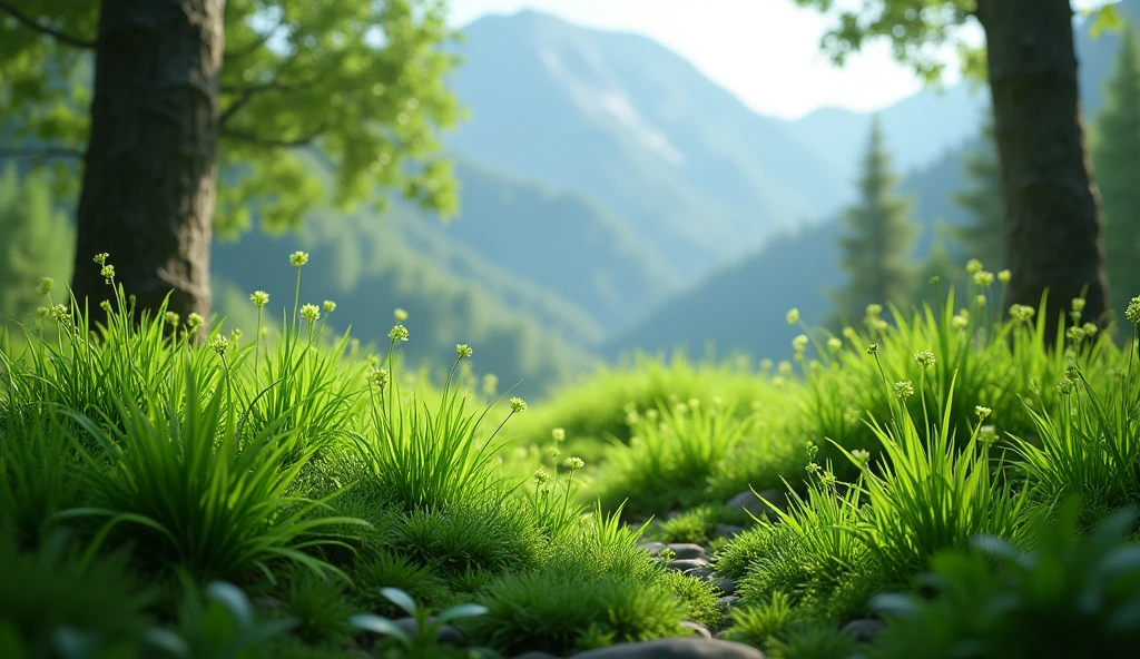 There is a kind of grass under the laurel forest on the mountain,Shaped like chives but with green flowers(best quality,4K,8k,High level,masterpiece:1.2),Ultra Detailed,(lifelike,Photo real,Photo real:1.37),Realistic lighting,虚幻引擎4K壁纸,Summer Unreal Engine 5, Beautiful landscape rendering, Mountains and Oceans, Rendered in 8k Unreal Engine,,The most beautiful scenery,Epic shock