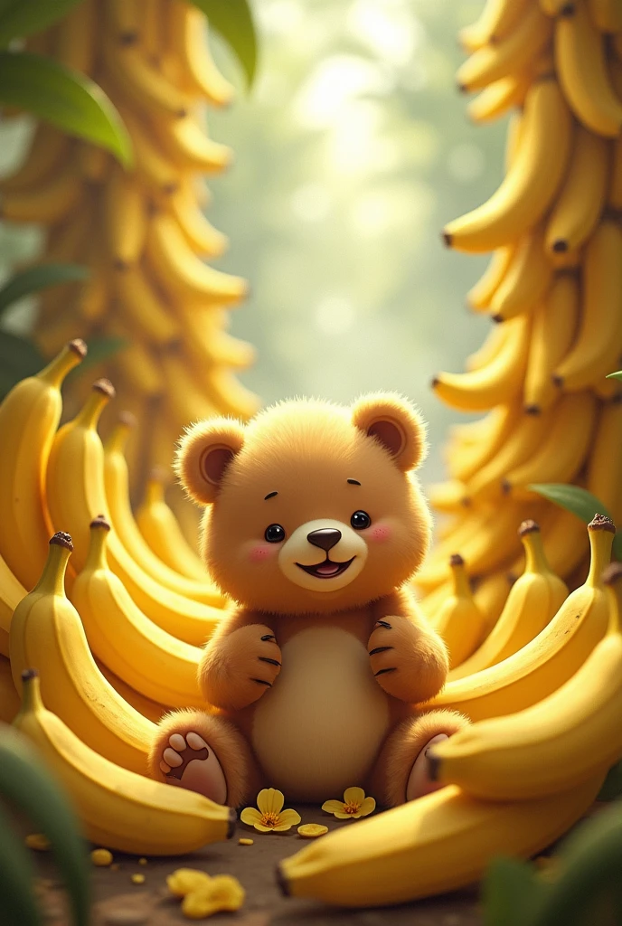 A little bear surrounded by lots of bananas in a fantasy style。A fantastic atmosphere。
