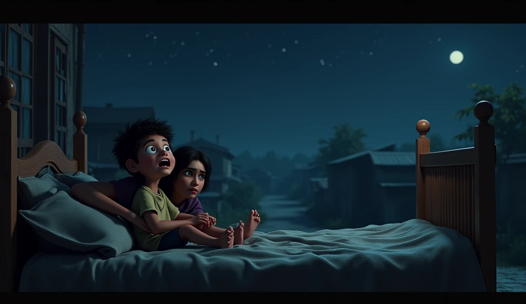 Create a 3D scene depicting a dimly lit village at night, where houses are nestled under a starry sky. In the foreground, show a small room with a young boy, Muni, sitting on his bed, visibly trembling with wide-open eyes filled with fear. His mother, Sumitra, is leaning over him, trying to comfort and shake him awake. The atmosphere should convey a sense of urgency and tension, with shadows adding to the dramatic effect.