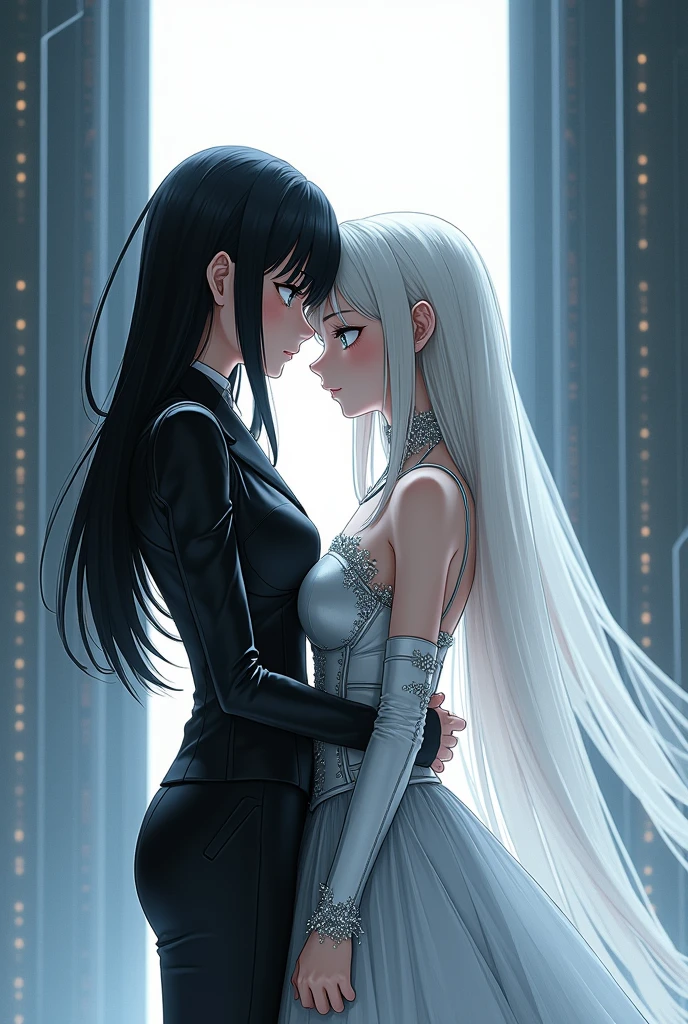 Sanakan and Cibo from Blame! Manga in a wedding dress), (sci-fi theme) suit black hair, dress striking silver hair, Eyes staring at each other, Futuristic atmosphere Emphasizes radiance pure atmosphere Intricate details of the outfit A soft but bright light shines from above. Intimate and romantic atmosphere Highly detailed, exceptionally detailed, cinematic quality, emotionally charged scenes.