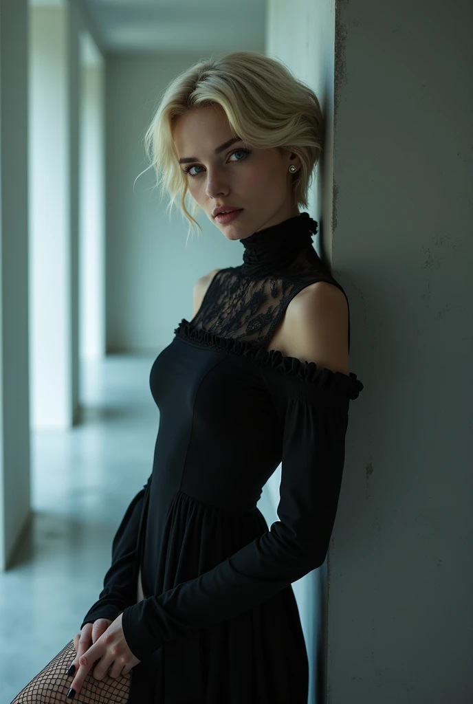 Gothic maked up thin total naked in fishnets, unprejudiced, short blonde hair, melancholy blue eyes, latina woman, professional model, professional advertising, minimalist arquitecture background, cinematic ambience, professional photography prodution, studio professional lighting, dramatic lighting, ultra-realistic, 8k, sharp, high consistent