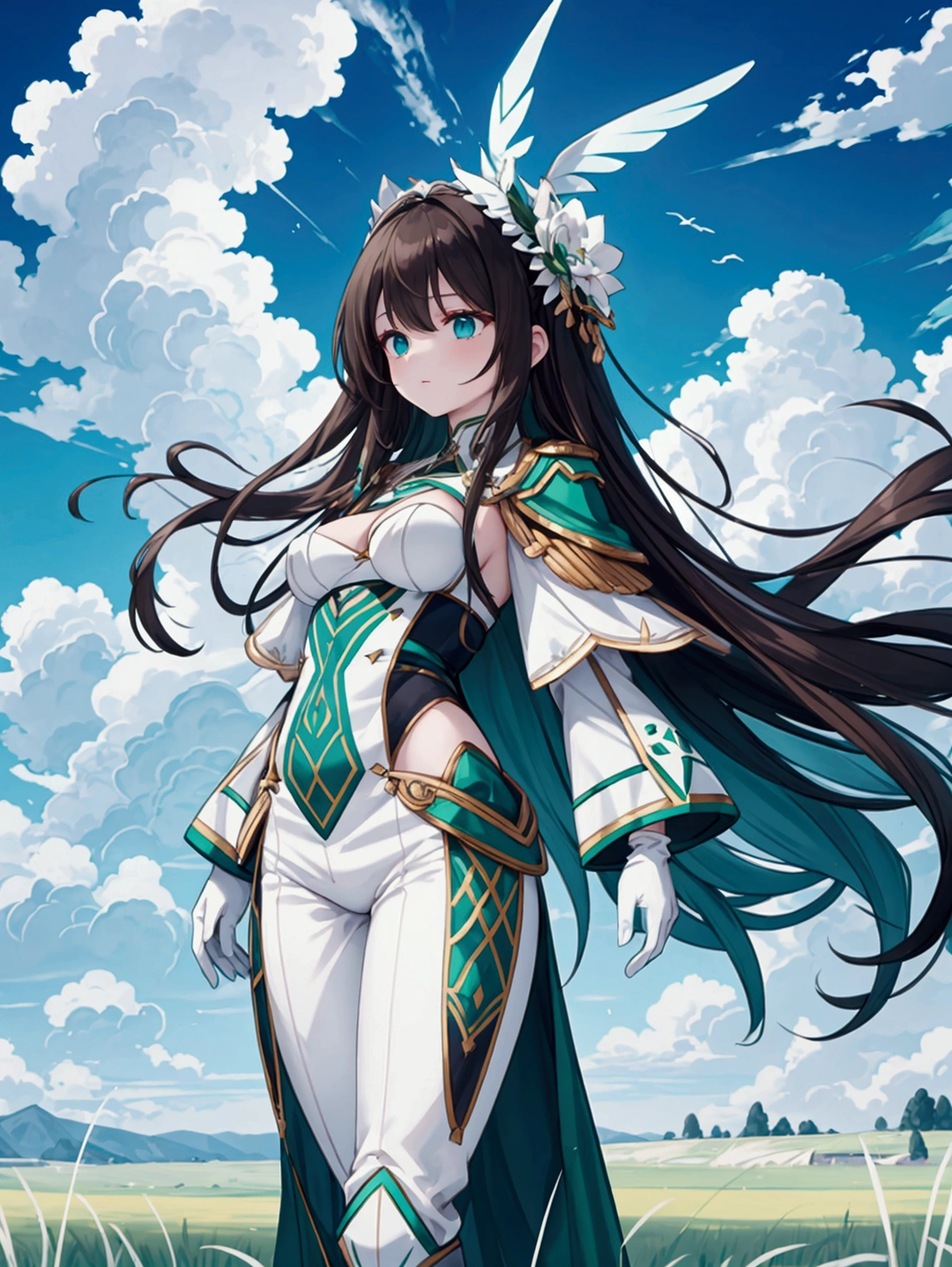 A woman with long hair brunette, white skin, green clothing, blue pants, wearing white gloves in a grass field with clouds in the sky