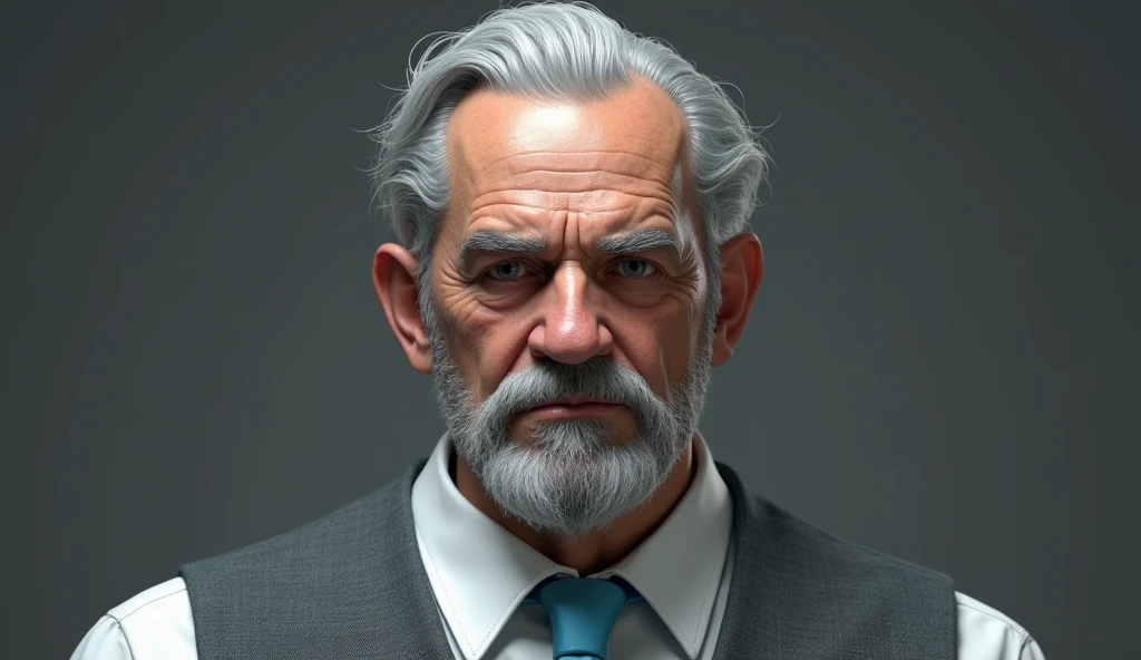 Make a 3D DRAWING of a serious and imposing character from Paranormal Order RPG, of an elderly gentleman in his fifties or sixties, he has gray hair, with a full mustache, sideburns and a goatee of the same shade, . He wears a white dress shirt underneath a gray vest., besides wearing a sky blue tie. make the person in the form of a drawing. make a 3d drawing of the character. make the same person in both photos