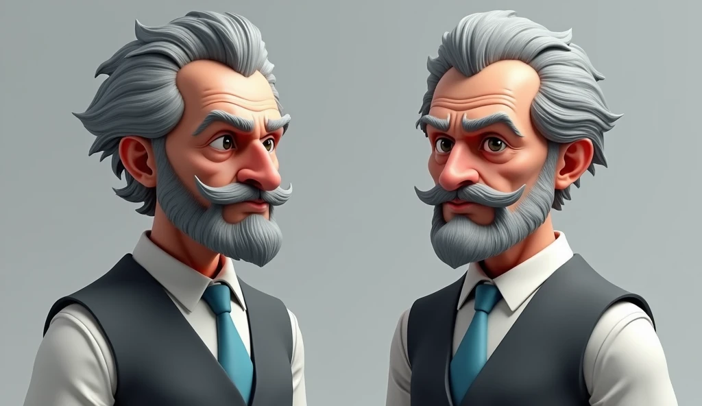 Make a 3D DRAWING of a serious and imposing character from Paranormal Order RPG, of an elderly gentleman in his fifties or sixties, he has gray hair, with a full mustache, sideburns and a goatee of the same shade, . He wears a white dress shirt underneath a gray vest., besides wearing a sky blue tie. make the person in the form of a drawing. make a 3d drawing of the character. make the same person in both photos