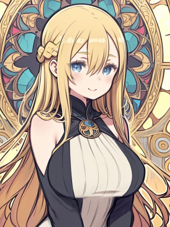 One Girl、Felt pen art、((Very thick contour lines))、Stained Glass Style、Smiling、((Flat Color))、Upper Body、Alphonse Mucha style、Blonde Hair、Hair between the eyes、long hair、Braid、Big Breasts、Huge breasts、Turtleneck sweater、