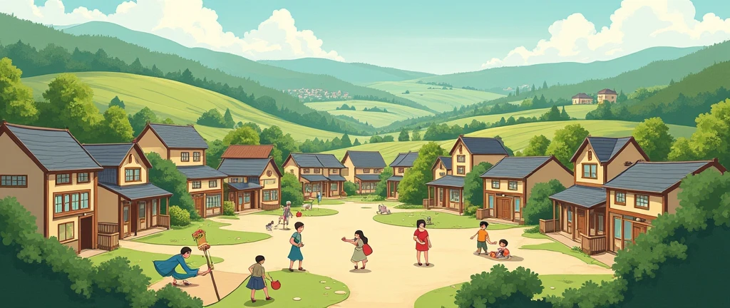 The whole village living in peace in 2d animation