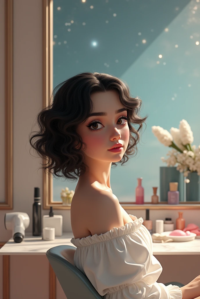 for cover, black colors,whites,nudes and sky blue. a space where beauty classes are held where hair dryers are seen,plates,scissors, Nail polishes with a lady with dark brown curly hair, thin eyebrows,splattered nose, big dark eyes,small pink lips on the sound sitting or on the back