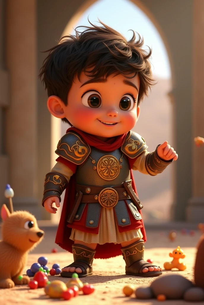 Animated boy in biblical warrior costume with armor in action playing with toys