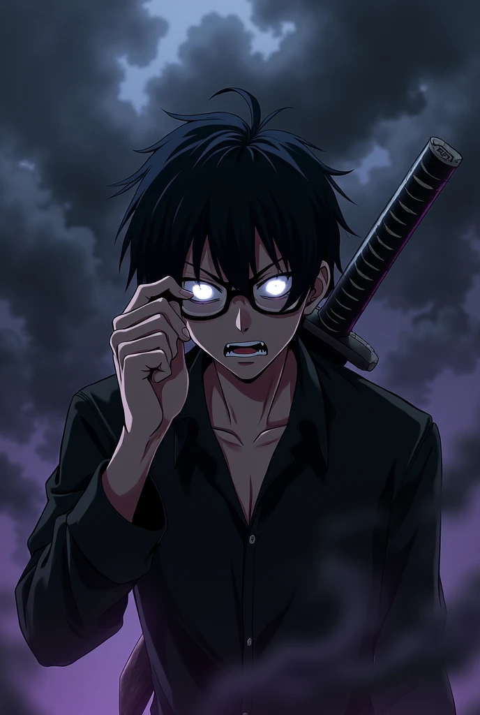A male anime character with black hair and glasses, his face is angry and scary, behind him is black smoke of darkness with a little bit of purple, scary, carrying a katana on his back with white glowing eyes, his hand is holding the middle part of his glasses.