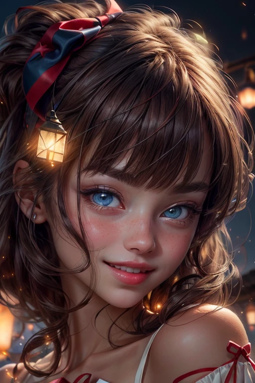 (extremely delicate and beautiful:1.2),1girl, bangs, blue eyes, blurry, blurry background, bow, brown hair, from side, hair between eyes, hair bow, lantern, light particles, long sleeves, looking at viewer, medium hair, night, red bow, solo, star \(symbol\), upper body,laughing,red lips