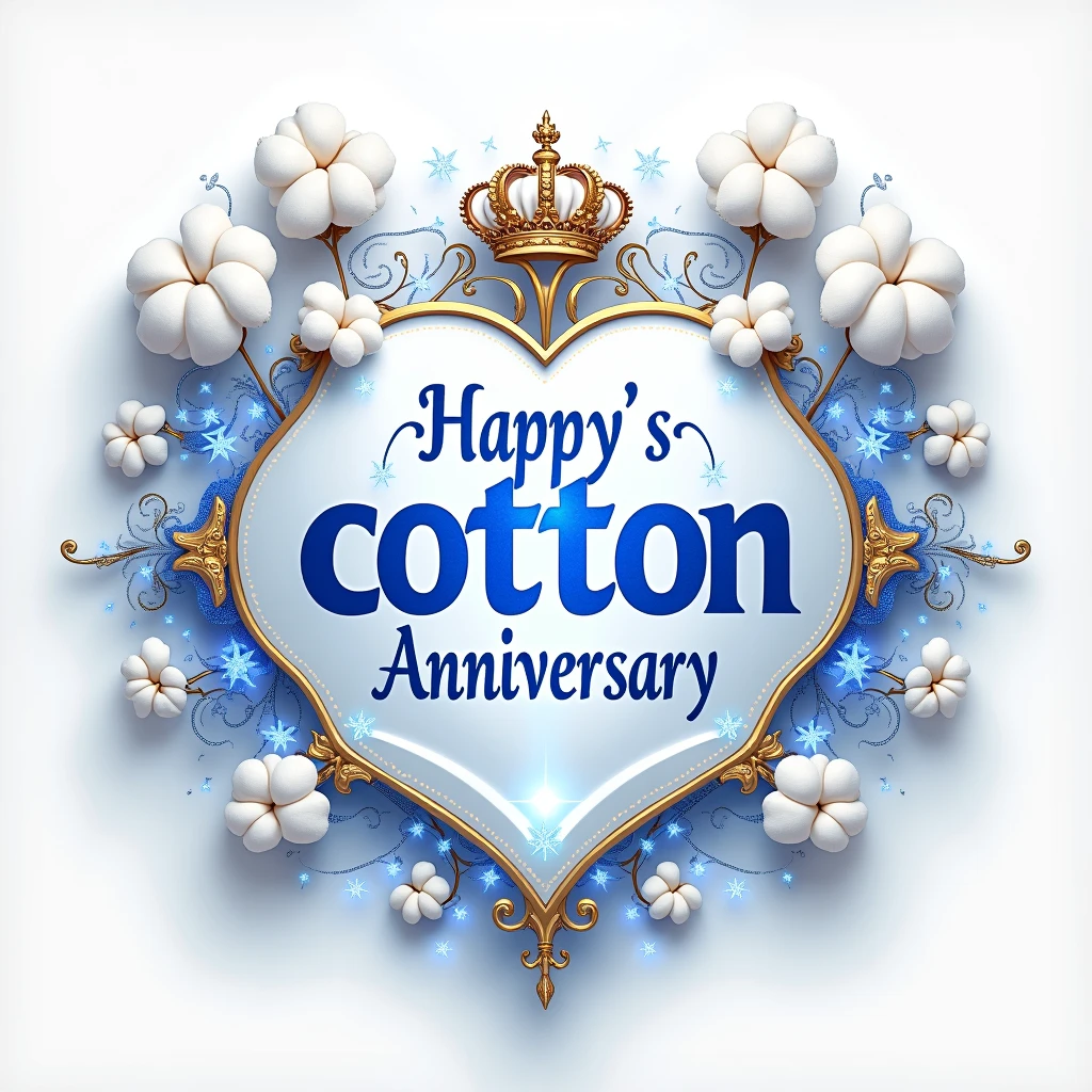 Text: "Joyeuses Noces de Coton au Couple Houmenou"
Colors: Highlight a deep royal blue combined with pure white accents. The main text in royal blue should be rich and luminous, while white details and ornaments will add an elegant and refined contrast.
Typography: Choose a luxurious and ornate typography, such as an elegant cursive or a sophisticated serif font. The letters should be in royal blue with white borders or highlights to create an impression of depth and grandeur.
Decorative Elements: Incorporate stylized cotton motifs and complex decorative patterns around the text, such as white filigree with blue accents. Add opulent elements like golden crowns or blue banners to emphasize the festive and majestic aspect.
Lighting and Effects: Use spectacular lighting to make the royal blue text shine, with golden or silver light effects to accentuate the luxury. Add sparkling light bursts or glimmering reflections around the text to enhance the glamour and sophistication.
Background: Opt for a bright white or slightly pearlescent background to make the blue text and decorative elements stand out. This contrast will highlight the beauty and elegance of the sign.
Overall Ambiance: Create an extravagant and opulent celebratory atmosphere by combining the grandeur of royal blue with the purity of white, and using sumptuous decorative elements. The sign should evoke a sense of luxury and festivity while paying stylish and sophisticated tribute to the cotton anniversary theme.