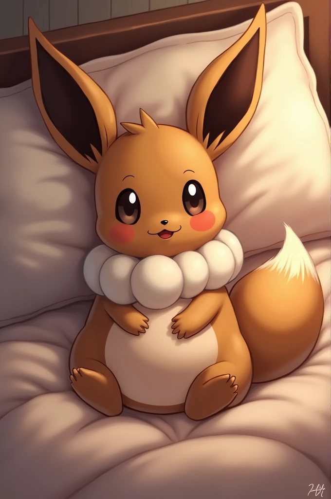 An eevee pregnant with twins in 8 months, lying in bed and blushing feeling her babies moving