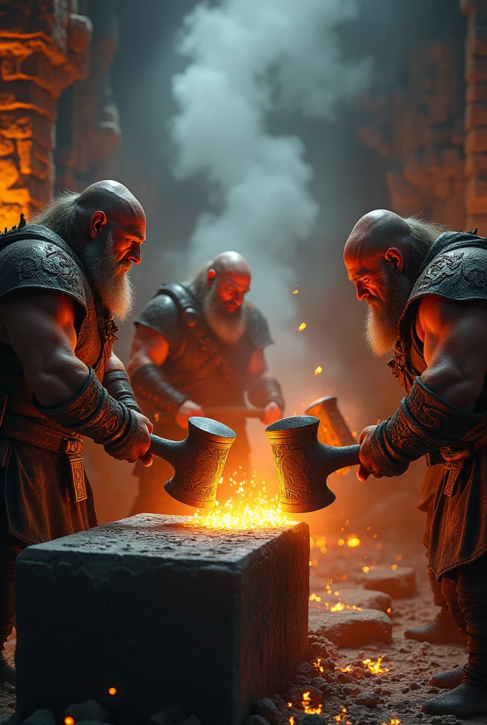 medieval dwarves blacksmiths, forging weapons with swords, axes and iron battle hammers in the middle of the forges with the heat of the forges illuminating the faces of the medieval dwarves.