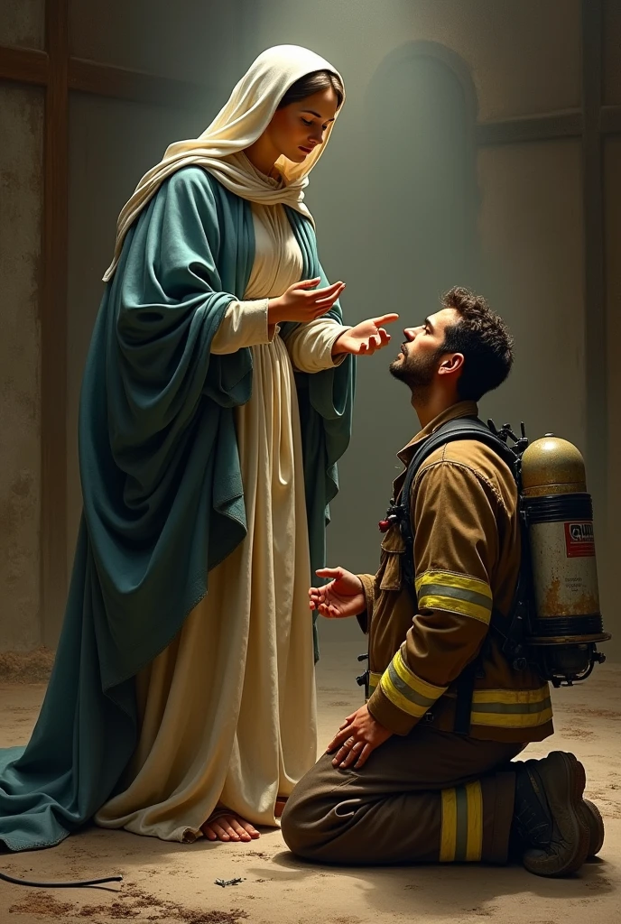 Saint Mary Mother of God Blessing a Firefighter Realistic Drawing
