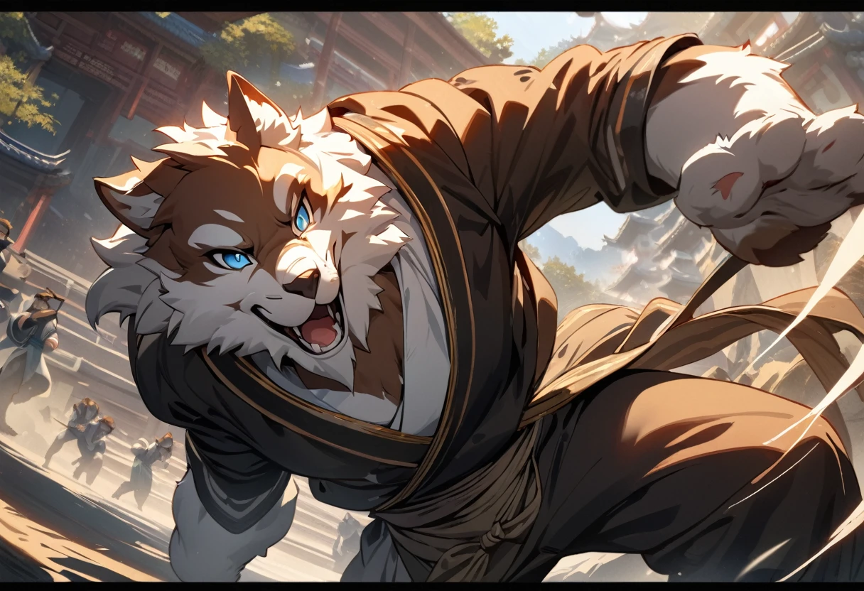 dynamic angle, top quality, best quality, High-quality illustrations, masterpiece, super high resolution, detailed background, detailed background, kung fu film, action, absurdres(highly detailed beautiful face and eyes)perfect anatomy, expression, good lighting, cinematic shadow(kemono, furry anthro),