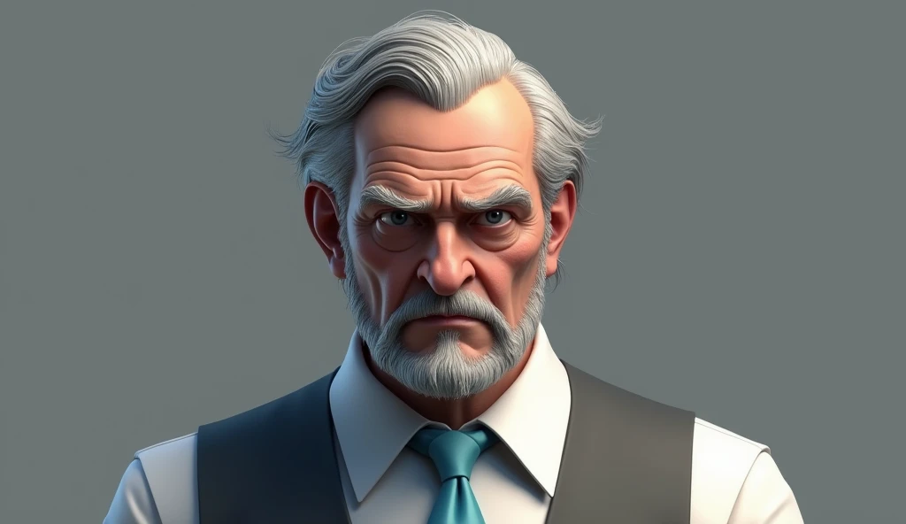 Make a 3D DRAWING of a serious and imposing character from Paranormal Order RPG, of an elderly gentleman in his fifties or sixties, he has gray hair, with a full mustache, sideburns and a goatee of the same shade, . He wears a white dress shirt underneath a gray vest., besides wearing a sky blue tie. make the person in the form of a drawing. make a 3d drawing of the character.