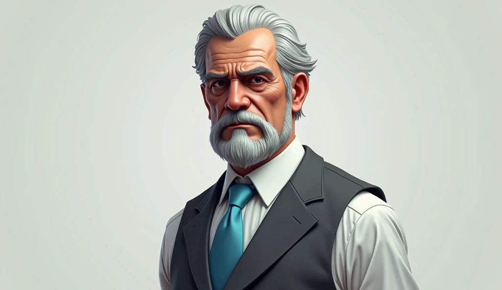 Make a 3D DRAWING of a serious and imposing character from Paranormal Order RPG, of an elderly gentleman in his fifties or sixties, he has gray hair, with a full mustache, sideburns and a goatee of the same shade, . He wears a white dress shirt underneath a gray vest., besides wearing a sky blue tie. make the person in the form of a drawing. make a 3d drawing of the character.