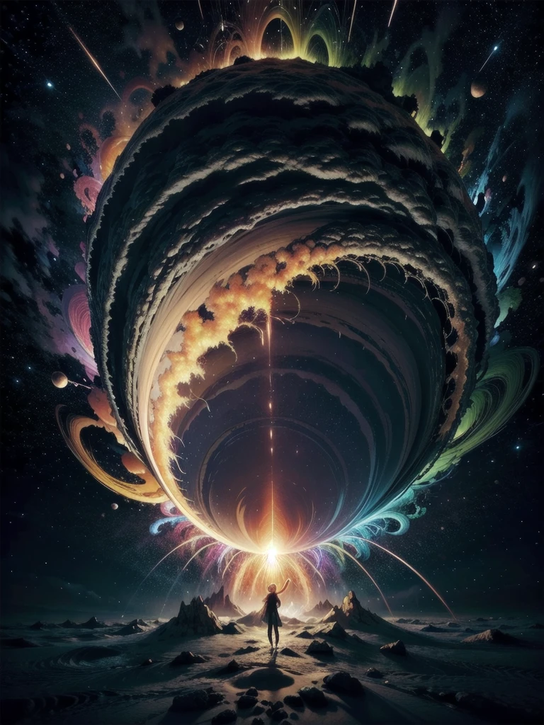 Illustrate the dramatic moment when the Co-creator, a majestic entity, is creating the universe. Show the initial explosion, similar to the Big Bang, with a wave of light and energy radiating outwards. The Co-creator tries to contain the force of the explosion, but is swallowed by the vortex created. The cover should capture the magnitude of the explosion and the desperation of the Co-Creator being sucked into her own creation., with a vibrant, contrasting color palette to emphasize the chaos