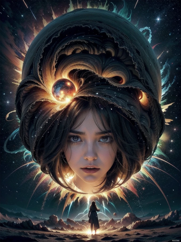 Illustrate the dramatic moment when the Co-creator, a majestic entity, is creating the universe. Show the initial explosion, similar to the Big Bang, with a wave of light and energy radiating outwards. The Co-creator tries to contain the force of the explosion, but is swallowed by the vortex created. The cover should capture the magnitude of the explosion and the desperation of the Co-Creator being sucked into her own creation., with a vibrant, contrasting color palette to emphasize the chaos