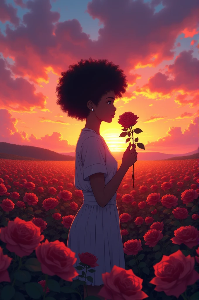 Generate an anime-style image, of a silhouette of a teenager with short afro hair, holding a rose, in the middle of a field of roses in front of the sunset