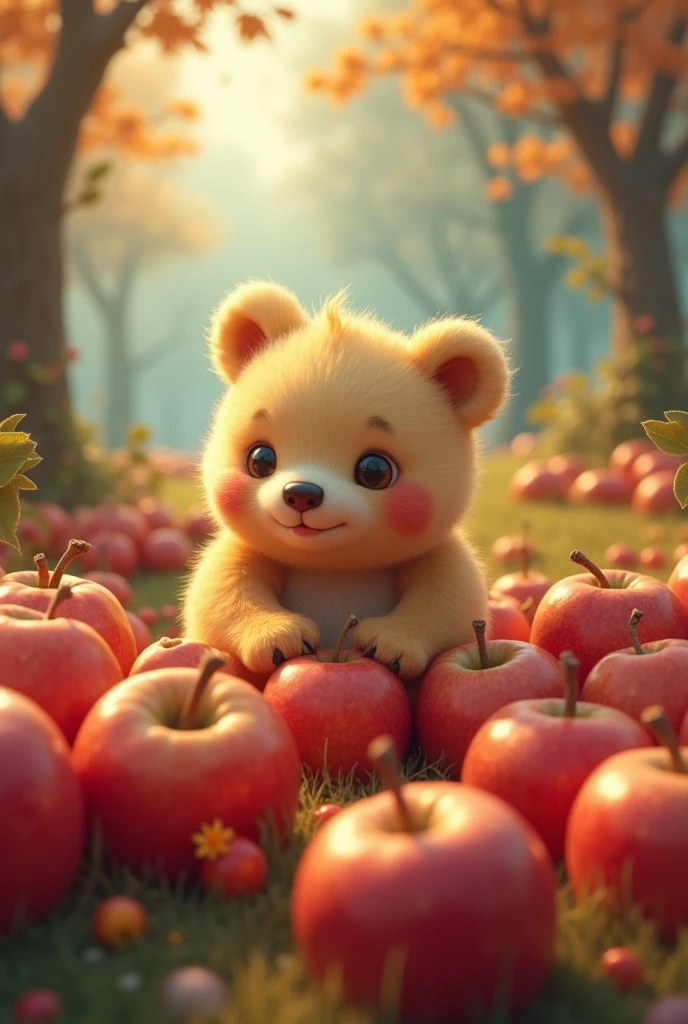 A bear surrounded by lots of apples in a fantasy style。A fantastic atmosphere。