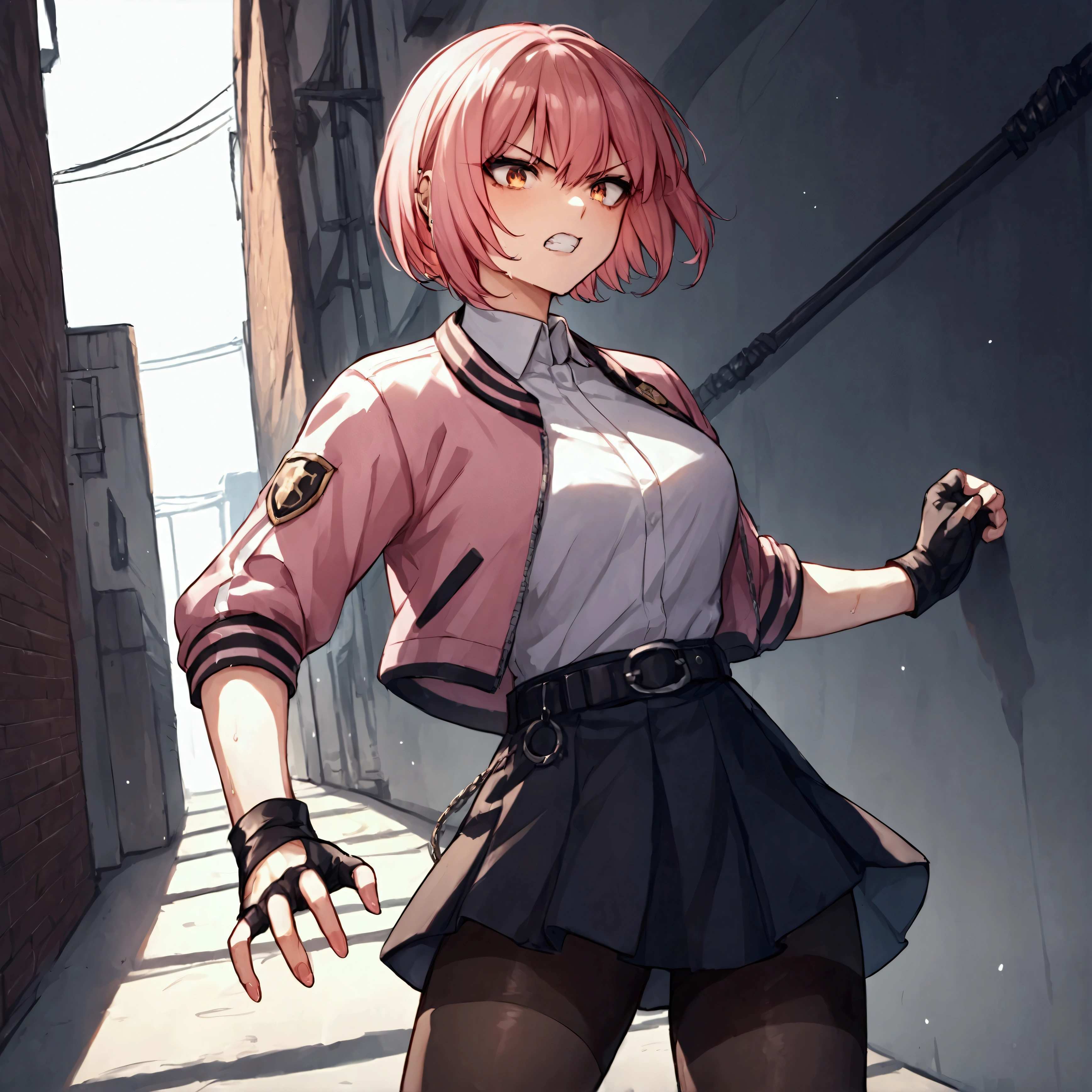 {{pink Sporty jackets}} , A female police officer struggling in a fight.,E18,score_9, score_8_up, score_7_up, score_6_up, score_5_up, score_4_up,score_9, score_8_up, score_7_up, score_6_up, score_5_up, score_4_up,　back alley,, holding her stomach and enduring pain , suffering from stomachache .fighting stance , cowboy shot,source_anime,sweaty,Grit your teeth,　White blouse, black leather skirt, black pantyhose，fingerless gloves,　pink　bob-cut hair r　 ,rating_safe,v-shaped eyebrows.close-up