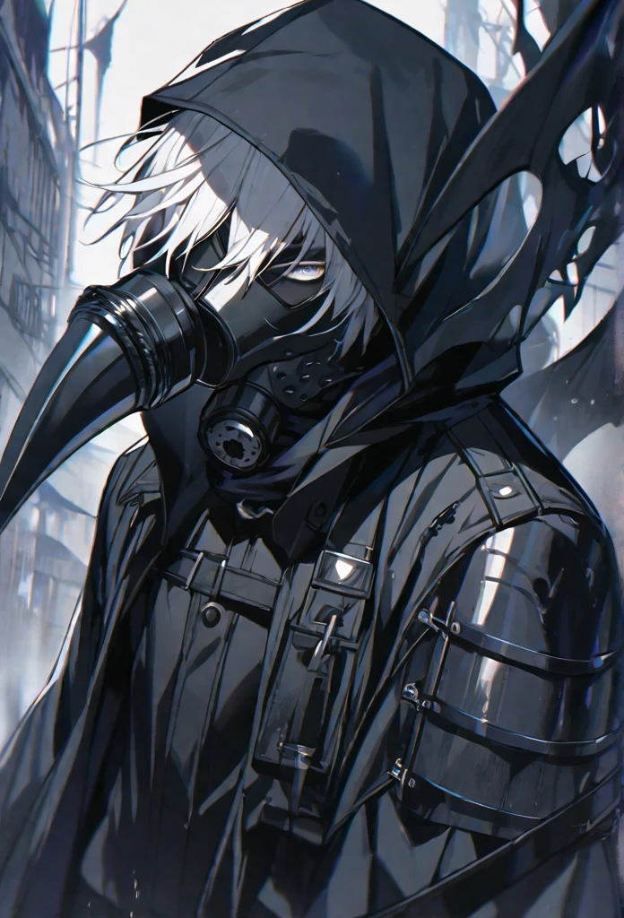 One, Beautiful, 1 man, short hair, White hair, white eyes, black raincoat, Black Plague Doctor Mask, black gloves, Black cylinder