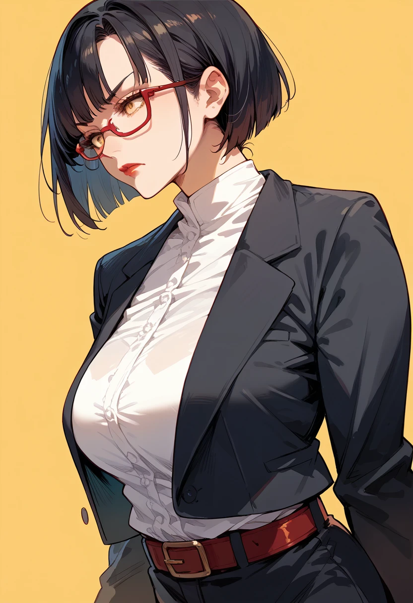 (score_9,score_8_up,score_7_up),1woman,solo,source_anime,mature,big sister,middle age, black hair, bob cut, red glasses, small beasts, red lips, white shirt, black suit, red belt, stern look, yellow background, simple background