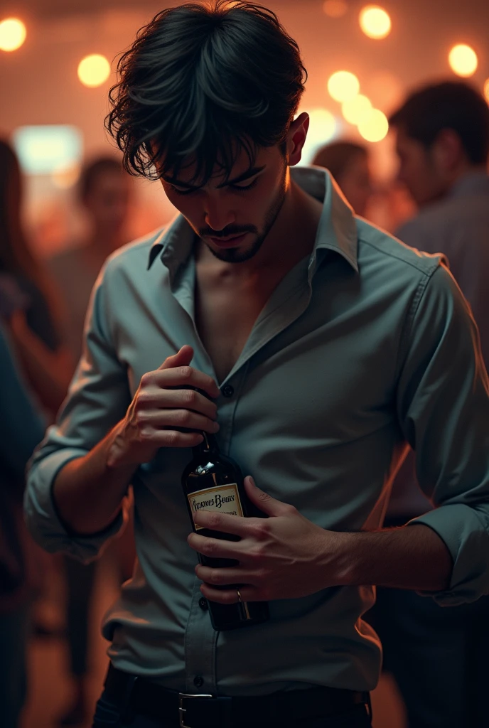 A person hiding a alcohol bottle inside the shirt