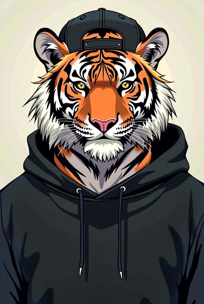 a cartoon tiger looking at the camera wearing a backwards black cap and a black sweatshirt, serious anime drawing, more adult, speaking