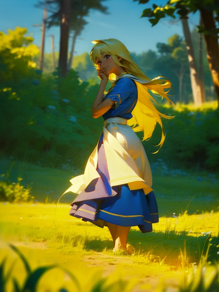 Semyon's POV, Slavya-chan from Endless Summer, holds his hand, leading him through green fields into endless summer. She is sweet and kind, with a bright smile on her face and long blonde hair loose in the wind. Slavya is dressed in a traditional Slavic dress that sways beautifully. The focus is on their hands joined in a friendly gesture, with photorealistic details: sun rays playing on her hair and the bright colors of nature all around. Use HDR to enhance brightness and contrast, creating a joyful and carefree atmosphere