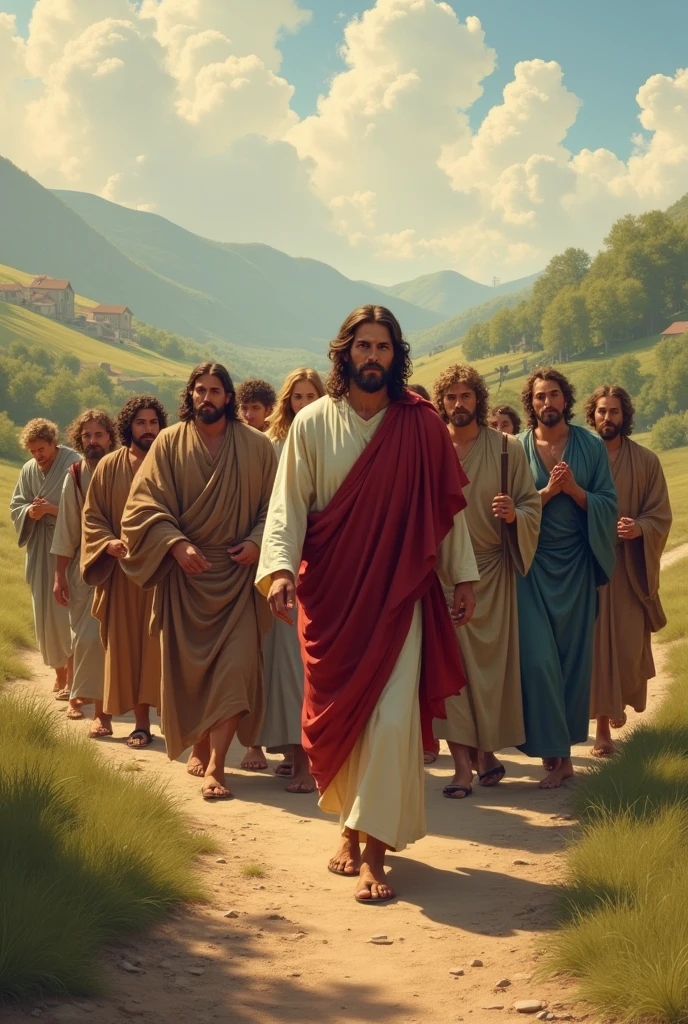 Jesus marchant avec ses 12 disciples