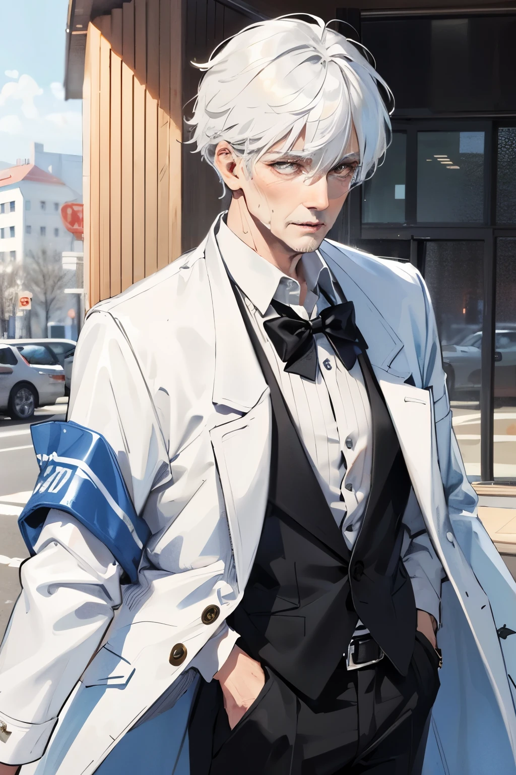 White-haired old man,white coat,Sloppy appearance
