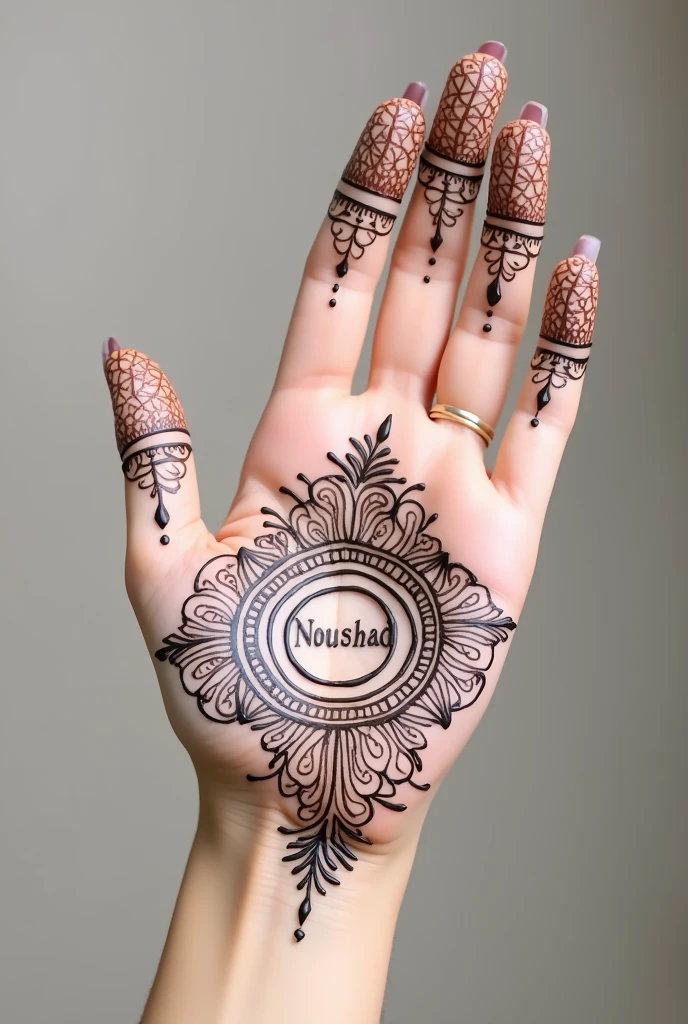 Henna design with name noushad in palm