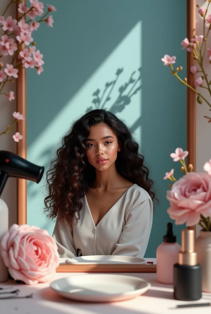 for cover, black colors,whites,nudes and sky blue. a space where beauty classes are held where hair dryers are seen,plates,scissors, Nail polish with a lady with long curly dark brown hair, thin eyebrows,splattered nose, big dark eyes,small pink lips on the sound sitting or on the back