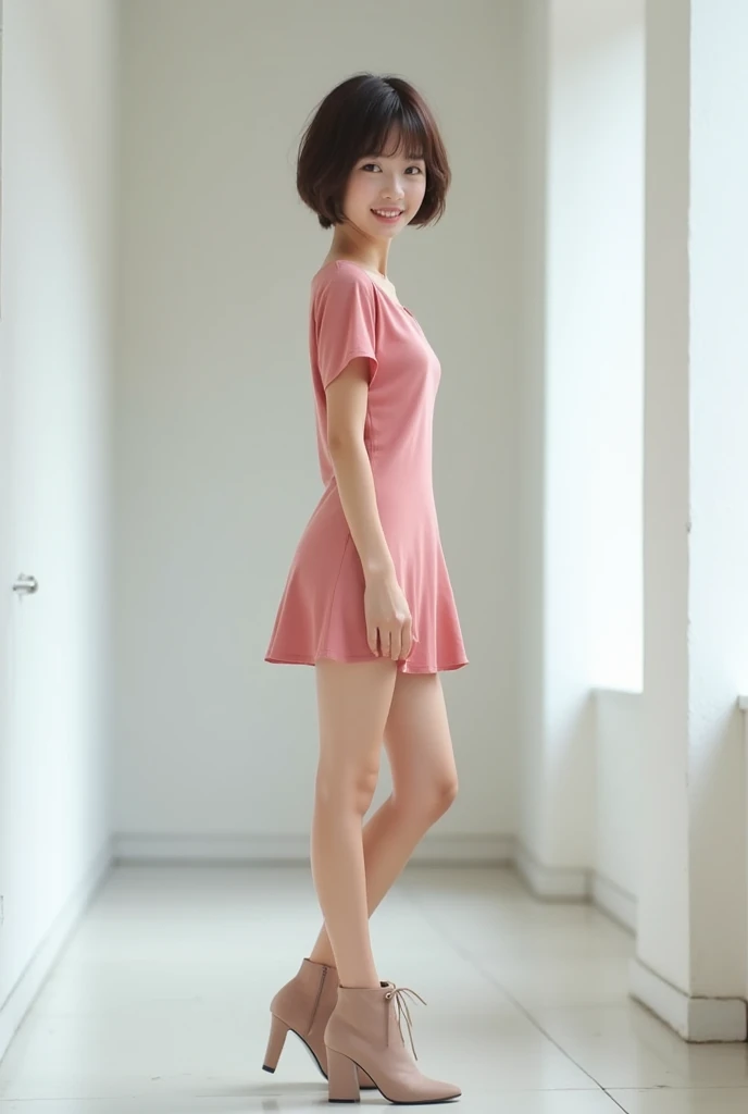 brunette, smile, flat chest, skinny face, white wall, no decoration, short pink dress, looking at camera smiling, standing in white hallway, photo from behind, wearing high heel boots
