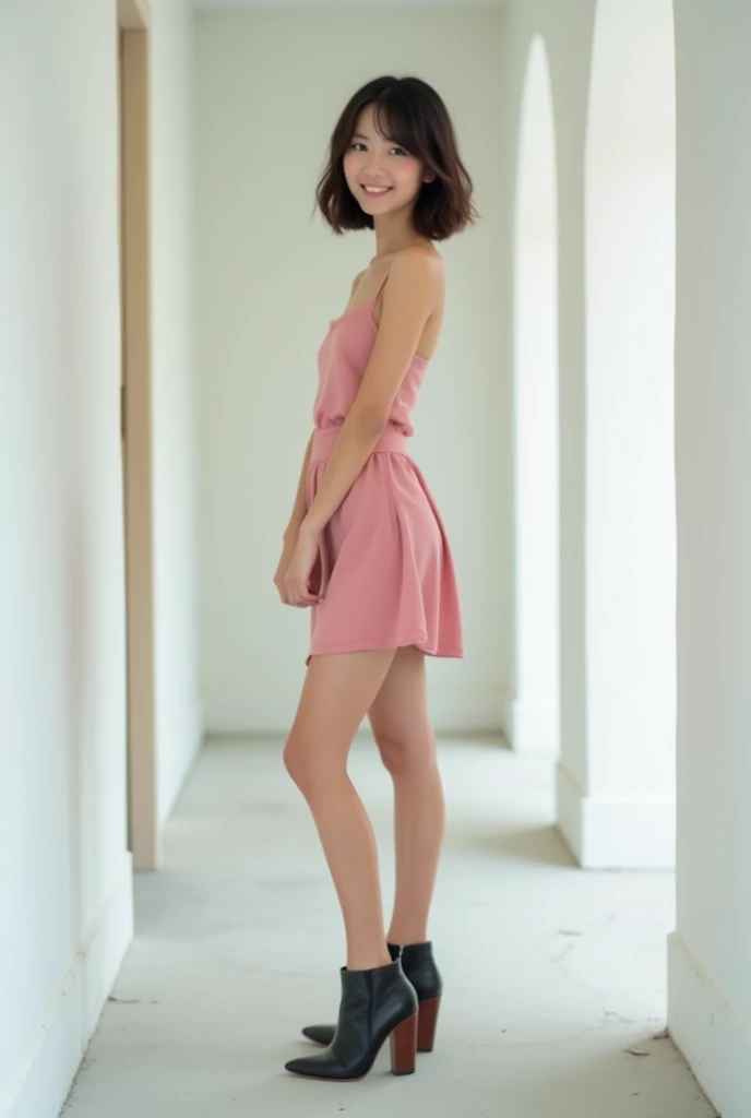 brunette, smile, flat chest, skinny face, white wall, no decoration, short pink dress, looking at camera smiling, standing in white hallway, photo from behind, wearing high heel boots