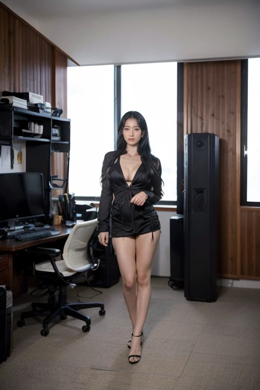 Beautiful Asian with medium long black and white hair sitting on a desk with her back to her in a black mini dress showing her ass to the viewer