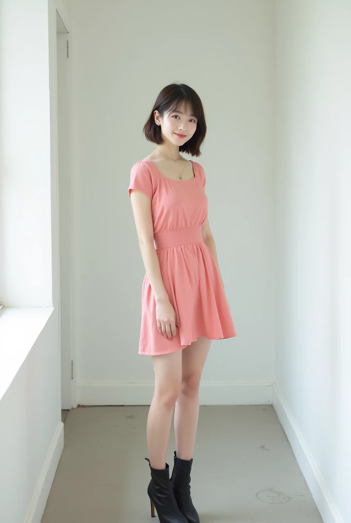 brunette, smile, flat chest, skinny face, white wall, no decoration, short pink dress, looking at camera smiling, standing in white hallway, photo from behind, wearing high heel boots
