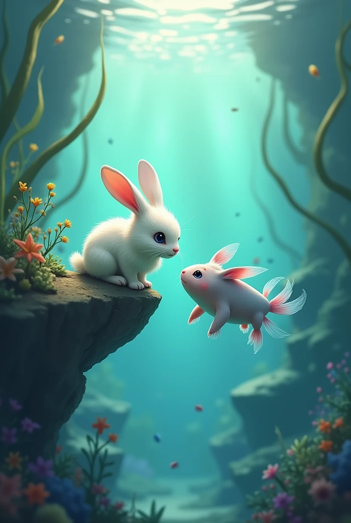 A rabbit talking to an axolotl in the water