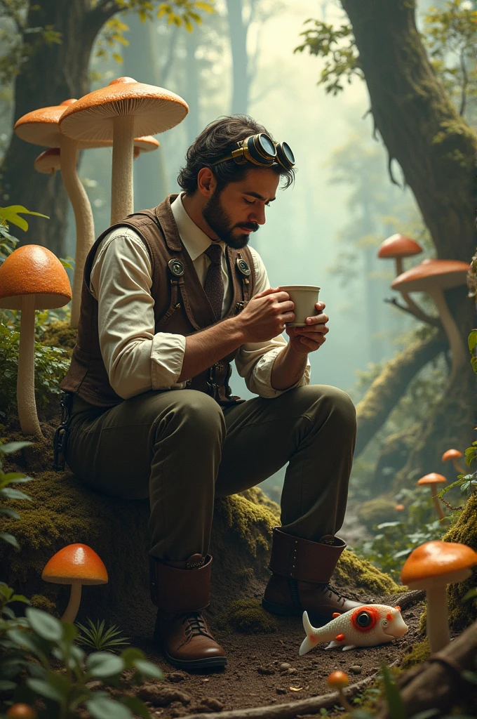Man with coffee and fish in forest with mushrooms in steampunk style