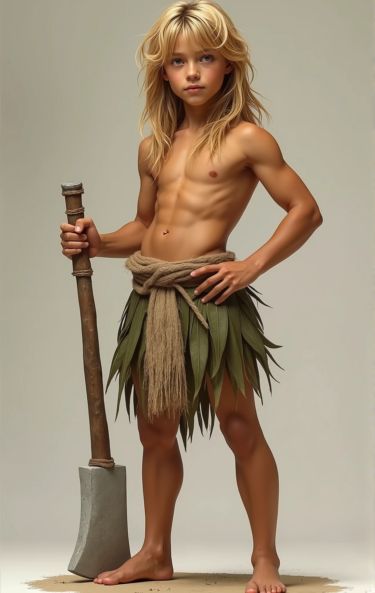 a young blond teenage caveman, realistic, posing with his axe made of stone, he wears only a sort of skirt made of palm leaves, not too muscular, not too thin, no background, confident expression, full figure, frontal, one hand on the hip, arafed, lots of hair to the shoulder