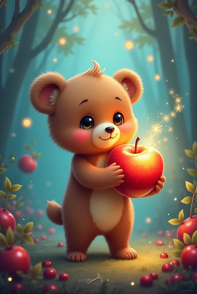 A  bear with a fantasy-like apple。A fantastic atmosphere。