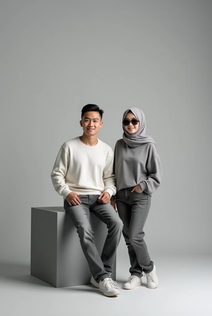(photorealism) Indonesian couple aged 16 wearing white sweaters ,The short, skinny man sits in a gray box wearing gray jeans. ,casual shoes ,haircut (short slicked back) ,the thin woman standing next to him wearing a grey hijab and grey jeans with sunglasses ,Silver photo studio background