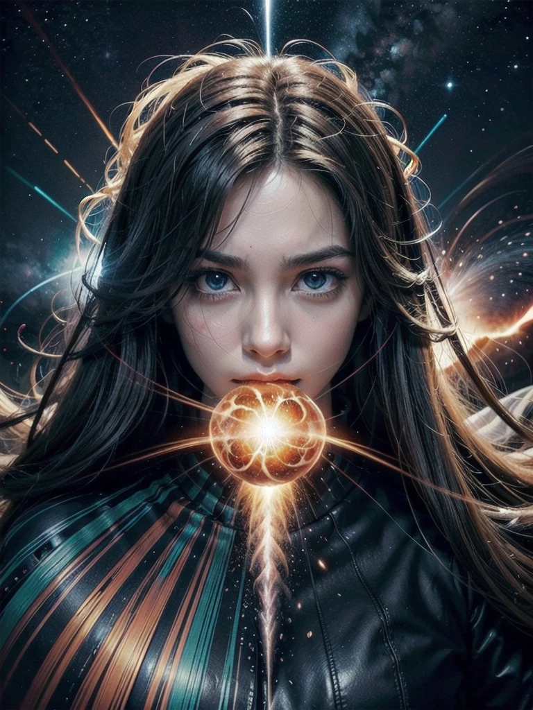 Illustrate the dramatic moment when the Co-creator, a majestic entity, is creating the universe. Show the initial explosion, similar to the Big Bang, with a wave of light and energy radiating outwards. The Co-creator tries to contain the force of the explosion, but is swallowed by the vortex created. The cover should capture the magnitude of the explosion and the desperation of the Co-Creator being sucked into her own creation., with a vibrant, contrasting color palette to emphasize the chaos 